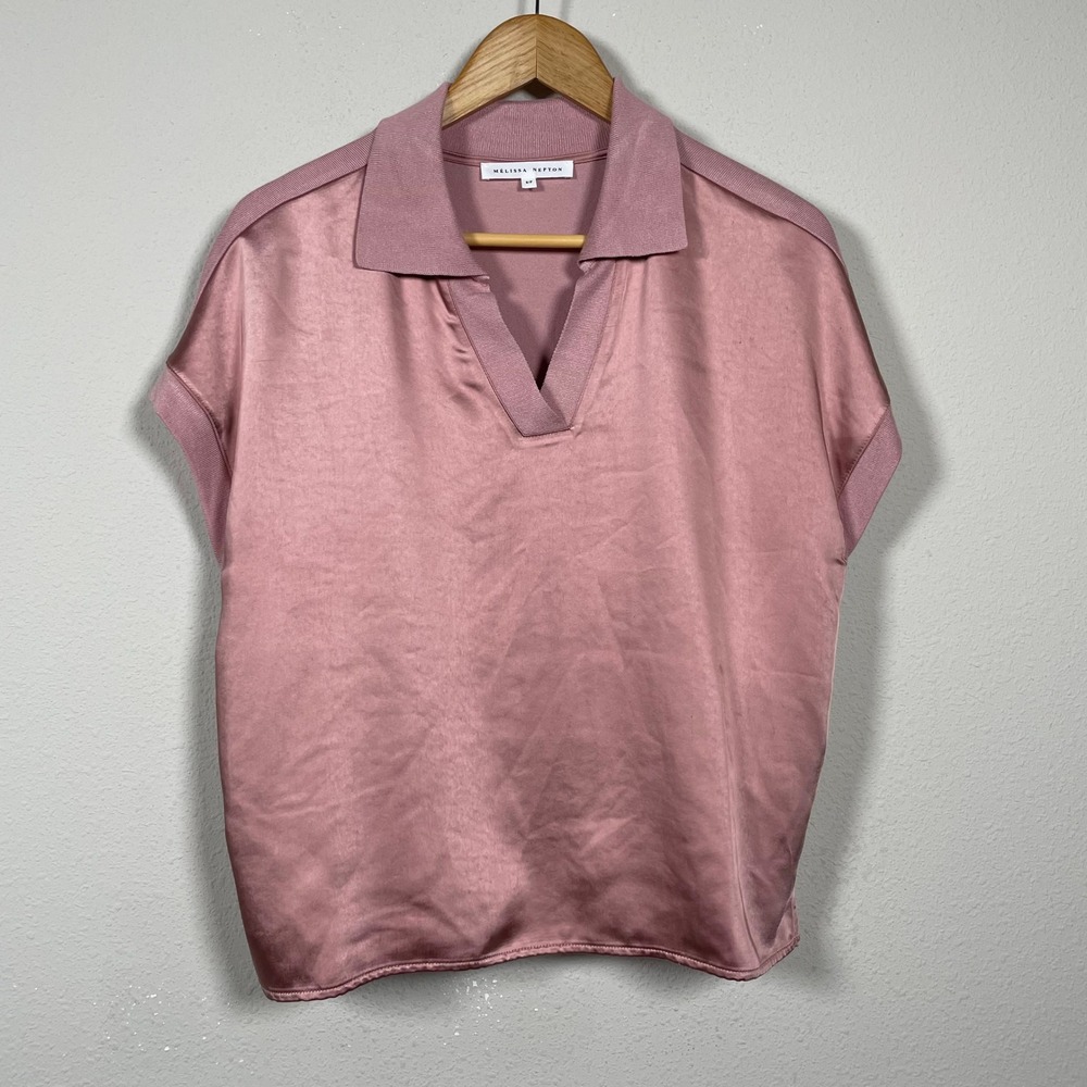 Melissa Nepton Jill Polo Top Women S Pink Satin Quiet Luxury Short Sleeve Casual